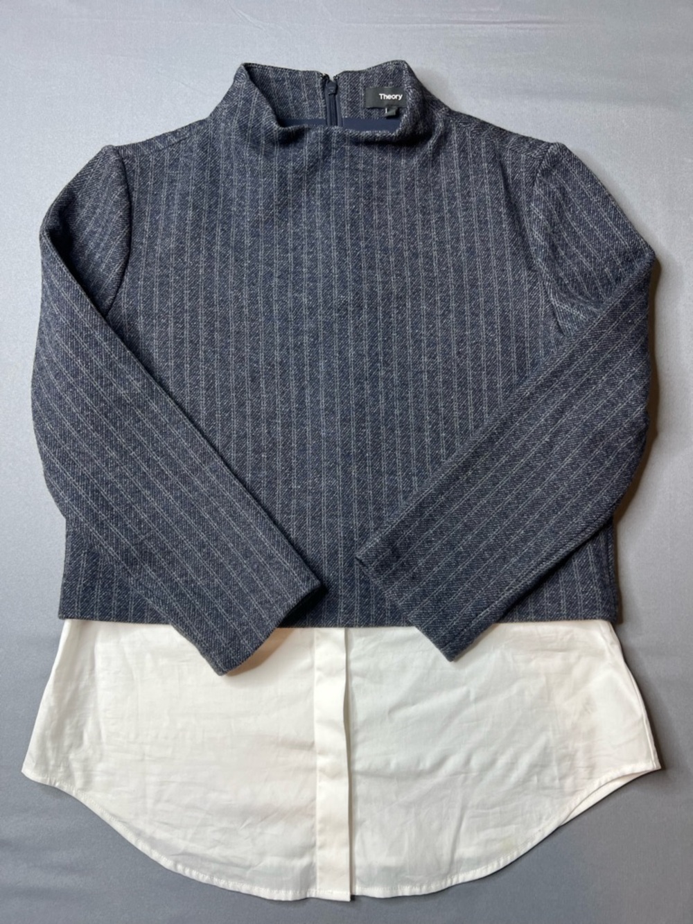 Theory Navy Pinstripe Mock Neck Layered Top